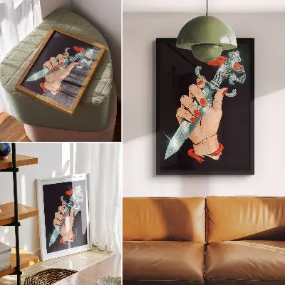 Poster mano con pugnale e dettagli luminescenti