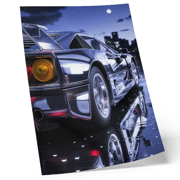 Poster auto sportiva in città con fari luminosi di notte