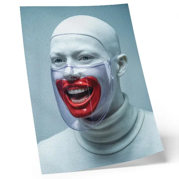 Poster volto moderno in maschera con viso smaltato di rosso