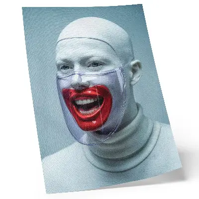 Poster volto moderno in maschera con viso smaltato di rosso