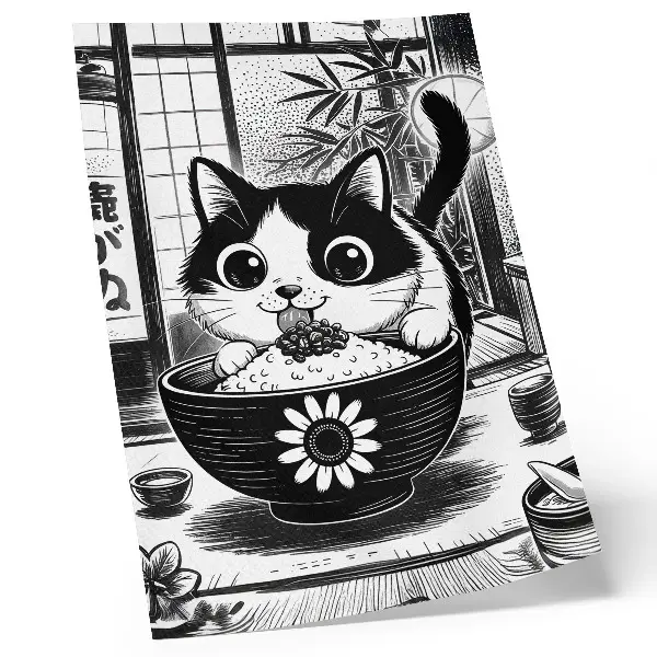 Stampa su tela gatto in una ciotola di riso in stile fumetto orientale