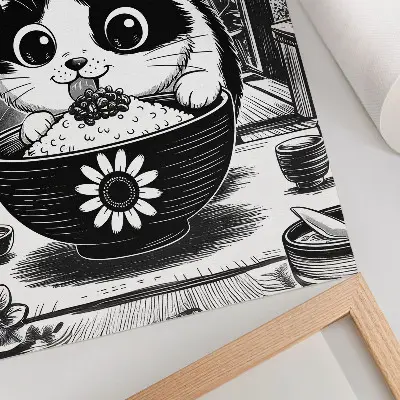 Stampa su tela gatto in una ciotola di riso in stile fumetto orientale