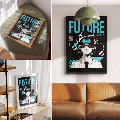 Poster Un personaggio moderno con gli occhiali per la realtà virtuale.
