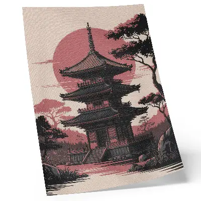 Stampa su tela raffigurante pagoda orientale immersa nella natura tra alberi in armonia estetica