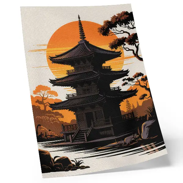 Poster edificio orientale con alberi e specchio d'acqua