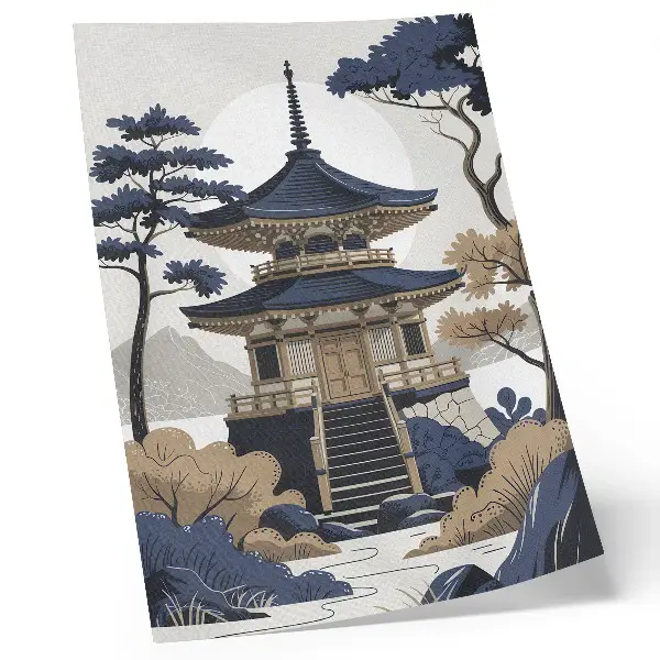 Foto su tela paesaggio zen con pagoda, albero e montagna