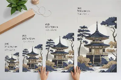 Foto su tela paesaggio zen con pagoda, albero e montagna