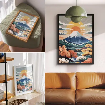 Stampa su tela paesaggio con montagne innevate, foresta colorata e tramonto