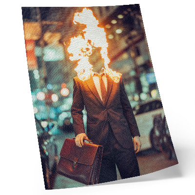 Stampa su tela Uomo elegante con la testa in fiamme in città