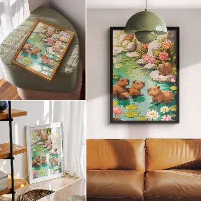 Poster Capibara nello stagno fiorito armonia della natura