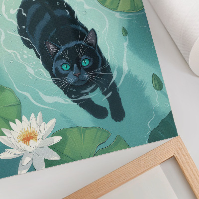 Stampa su tela Gatto nell'acqua, delicate foglie di ninfea