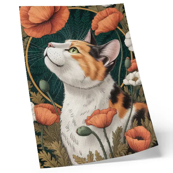 Foto su tela gatto tra i papaveri in stile illustrativo con soggetto natura