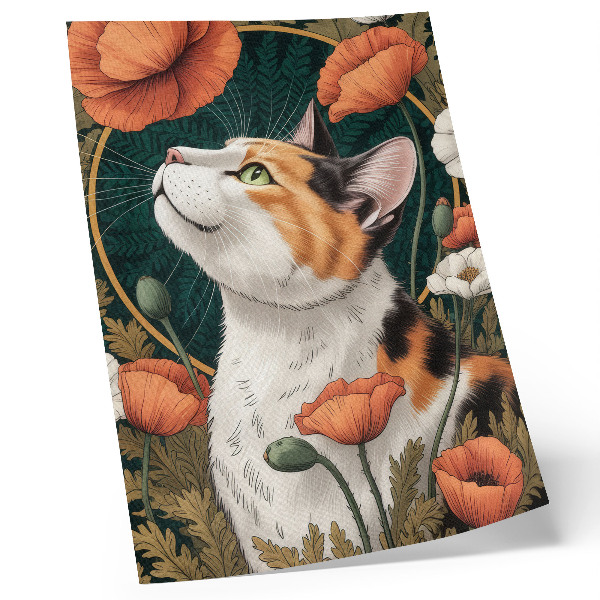 Foto su tela Gatto tra i papaveri, stile illustrativo, natura