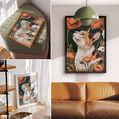 Foto su tela Gatto tra i papaveri, stile illustrativo, natura