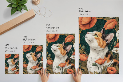 Foto su tela Gatto tra i papaveri, stile illustrativo, natura