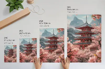 Stampa su tela montagne con pagoda e ciliegi in atmosfera romantica