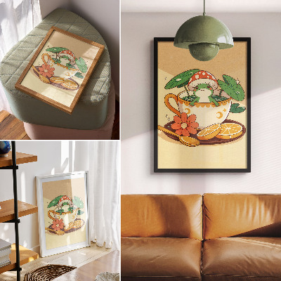 Poster Rana in una tazza di fiori, arance e foglie