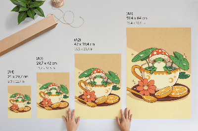 Poster Rana in una tazza di fiori, arance e foglie