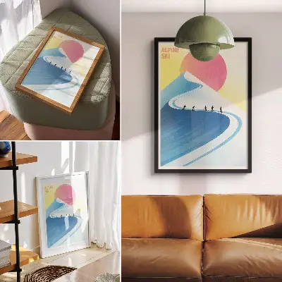 Stampa su tela scena minimalista con sciatori e cielo