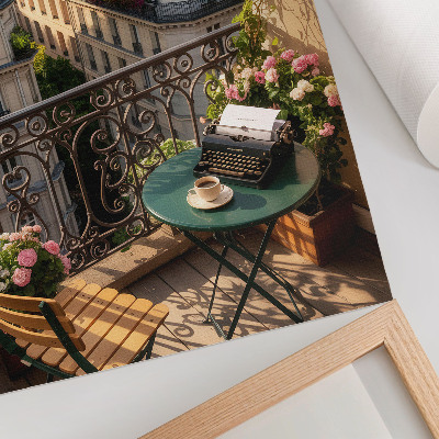 Stampa su tela Caffè con balcone e vista sui palazzi popolari.