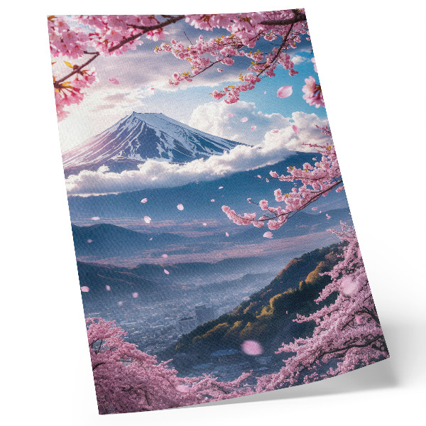 Poster Montagne e ciliegi in fiore sotto un cielo rosa