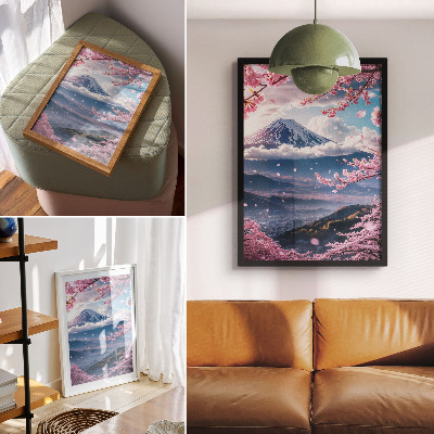 Poster Montagne e ciliegi in fiore sotto un cielo rosa