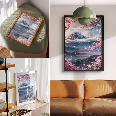 Poster montagne e ciliegi in fiore su cielo rosa