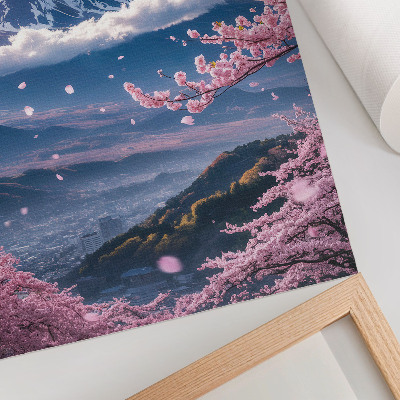 Poster Montagne e ciliegi in fiore sotto un cielo rosa