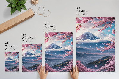 Poster Montagne e ciliegi in fiore sotto un cielo rosa