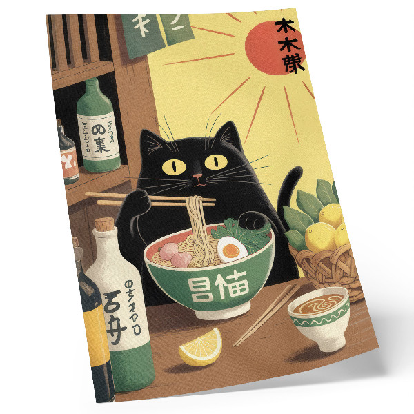 Poster Gatto con ramen e limoni, tema giapponese, atmosfera senza tempo