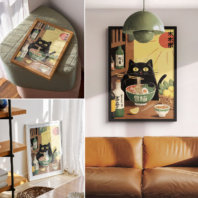 Poster Gatto con ramen e limoni, tema giapponese, atmosfera senza tempo
