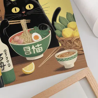 Poster gatto con ramen e limoni dal tema giapponese e dall'atmosfera senza tempo