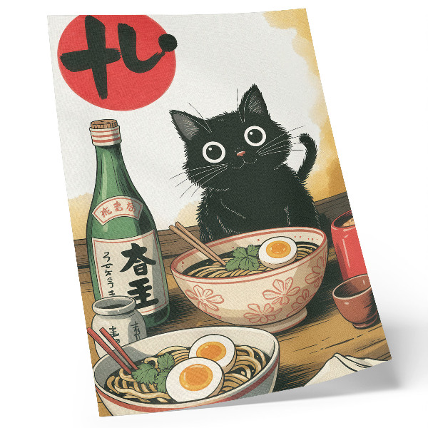 Stampa su tela Bottiglia di sakè ramen con gatto nero e motivo giapponese