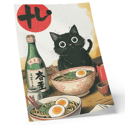 Stampa su tela Bottiglia di sakè ramen con gatto nero e motivo giapponese