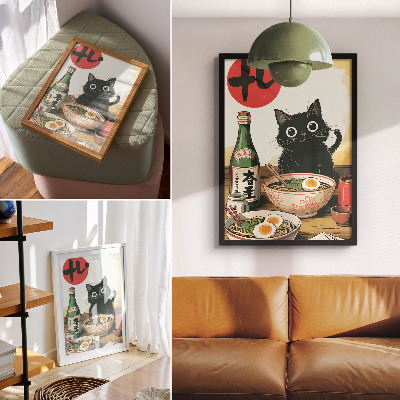 Stampa su tela Bottiglia di sakè ramen con gatto nero e motivo giapponese