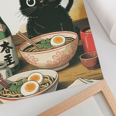 Stampa su tela Bottiglia di sakè ramen con gatto nero e motivo giapponese