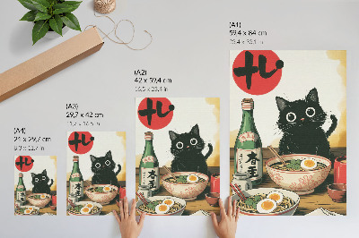 Stampa su tela Bottiglia di sakè ramen con gatto nero e motivo giapponese