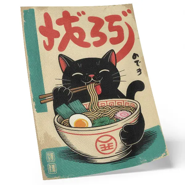 Foto su tela ciotola di ramen con gatto nero e ispirazioni giapponesi retrò