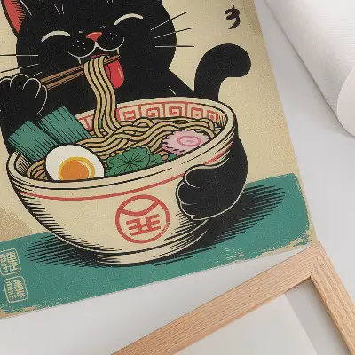 Foto su tela ciotola di ramen con gatto nero e ispirazioni giapponesi retrò