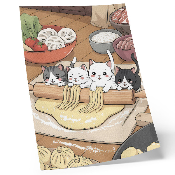 Poster Illustrazione di gattini in cucina con colori caldi