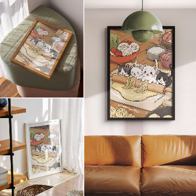 Poster Illustrazione di gattini in cucina con colori caldi