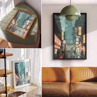 Stampa su tela Scena notturna urbana in stile retro-futuristico con luci al neon.