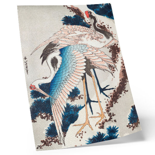 Stampa su tela Gru su un albero innevato di Katsushiki Hokusai (1834), xilografia d'epoca