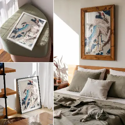 Stampa su tela Gru su un albero innevato di Katsushiki Hokusai, xilografia del 1834