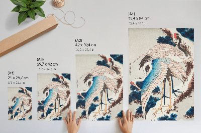 Stampa su tela Gru su un albero innevato di Katsushiki Hokusai (1834), xilografia d'epoca