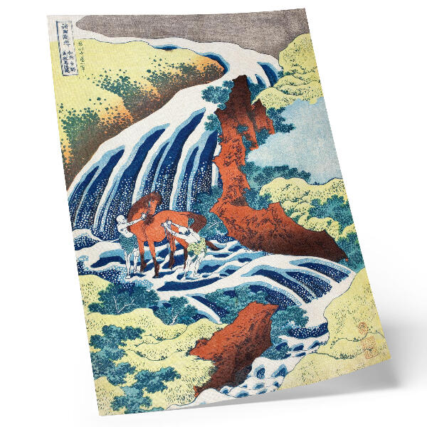 Poster Stampa xilografica giapponese d'epoca di Hokusai raffigurante le cascate Yoshitsune a Yoshino, nella provincia di Izumi (1833-1834)