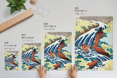 Poster Stampa xilografica giapponese d'epoca di Hokusai raffigurante le cascate Yoshitsune a Yoshino, nella provincia di Izumi (1833-1834)