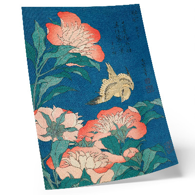 Poster Peonie e un canarino di Katsushiki Hokusai (1834) – xilografia d'epoca