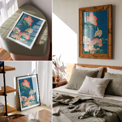 Poster Peonie e un canarino di Katsushiki Hokusai (1834) – xilografia d'epoca
