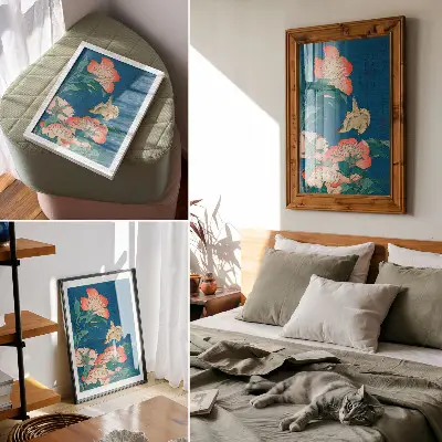 Poster riproduzione della xilografia d'epoca Peonie e un canarino di Katsushika Hokusai del 1834